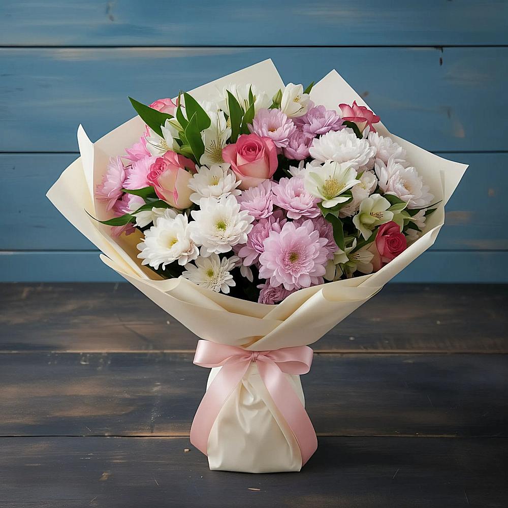 Букет цветов из: Хризантемы, Альстромерии и Розы в Ворошнево